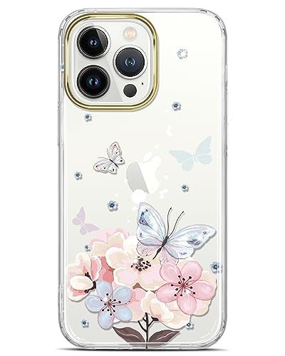 JAHOLAN Clear Case for iPhone 15 Pro Max Plating Butterfly Flower Design Protective Shockproof Slim TPU Anti-Yellowing Hard Back Cover Phone Case for Girls Women 6.7' 2023 White Pink
