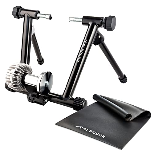 Alpcour Fluid Bike Trainer Stand for Indoor Riding – Portable Stainless Steel Indoor Trainer, Noise Reduction, Progressive Resistance, Dual-Lock System – Multipurpose Bike Trainer Mat – 36”x78”