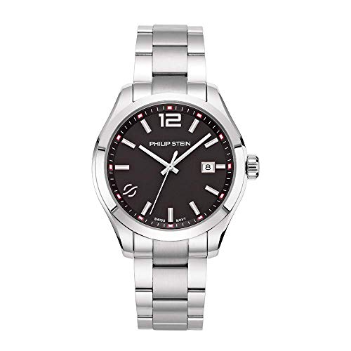 Philip Stein Analog Display Wrist Swiss Quartz Traveler Men Smart Watch Stainless Steel Silver Clasp Chain with Black Dial Natural Frequency Technology Provides More Energy - Model 92-CBK-SS