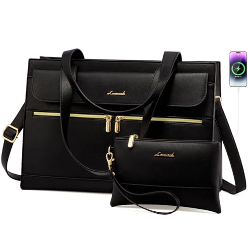 LOVEVOOK Laptop Bag for Women 15.6 Inch Laptop Tote Work Bag Professional Leather Computer Briefcase Waterproof Handbag Shoulder Bag Large Capacity Business Teacher Office Bag Crossbody Purse,Black