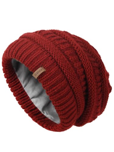 FURTALK Knit Beanie Hats for Women Men Fleece Lined Ski Skull Cap Slouchy Winter Hat Wine Red