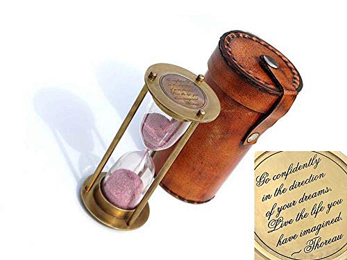 ROORKEE Instruments Nautical Brass Hourglass, Sand Clock, Sand Timer with Thoreau's Go Confidently Poem Carved on Both Sides, Metal Sand Watch with Beautiful Leather Case, Home, Desk, Office Décor.