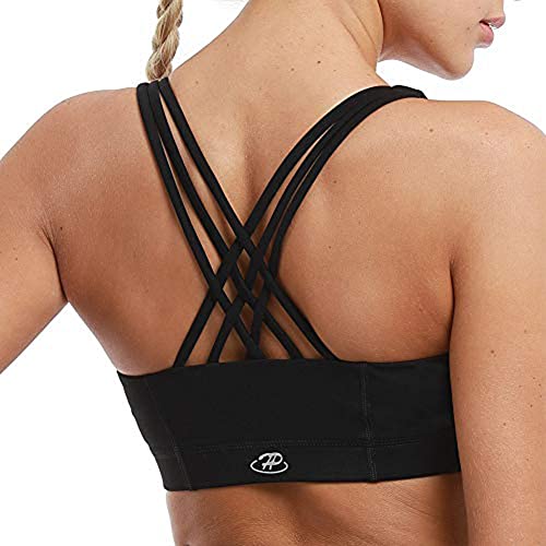 Hopgo Zip Front Sports Bras for Women Medium Impact Crisscross Back Padded Strappy Workout Yoga Bra Black M