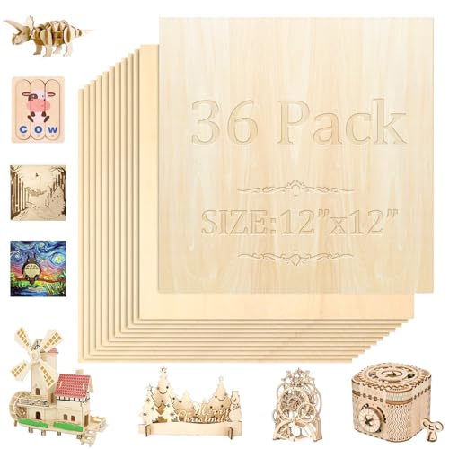 36 Pack Basswood Sheets,12'x12'x1/8' 3mm Basswood Plywood,Craft wood,Unfinished Wood,for DIY Ornaments and Model engraving, Wood Burning, Architectural Models, Drawing、Wood for laser cutting