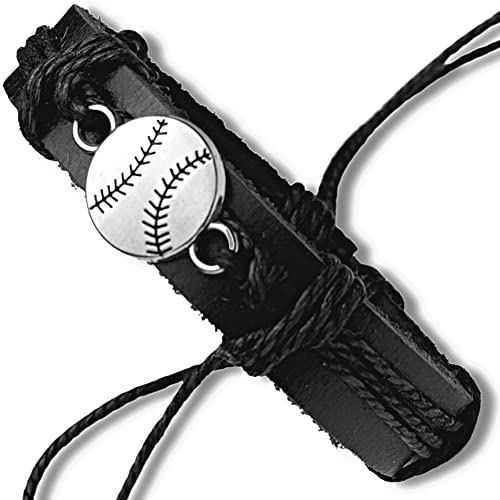 Soul Statement Black Baseball Leather Wrap Bracelets for Men or Teen Boys, Baseball Gifts (Black Baseball)