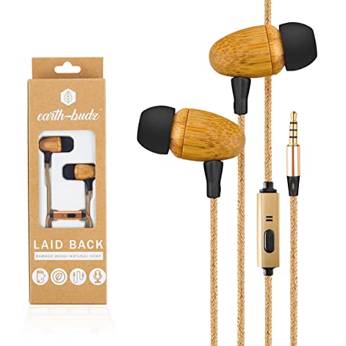 Earth-Budz Wood Earbuds — Hand-Crafted Sustainable Bamboo Wood Earbuds with Microphone and a Natural Hemp Cord Lightweight, Noise-Isolating Earphones Wood for Cell Phones and Laptops, Laid Back