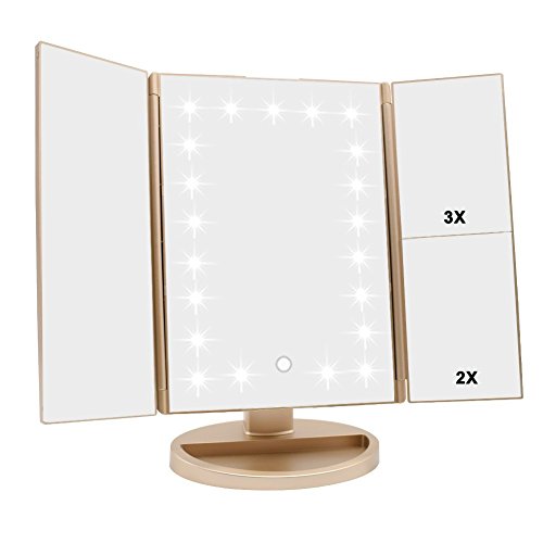 Flymiro Tri-fold Lighted Vanity Makeup Mirror with 3x/2x/1x Magnification, 21Leds Light and Touch Screen,180 Degree Free Rotation Countertop Cosmetic Mirror,Travel Makeup Mirror (Gold)