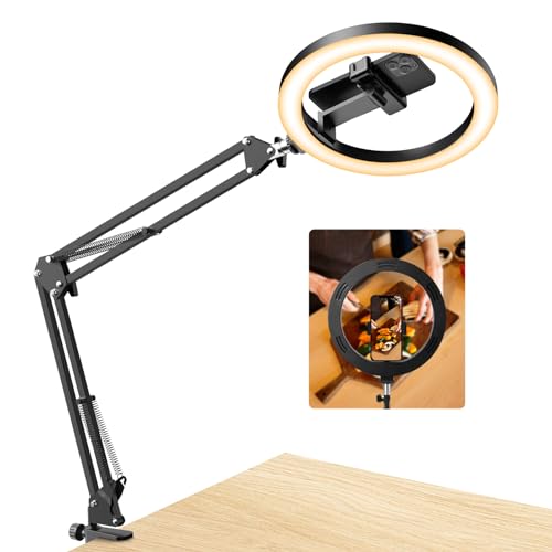 Upgrade Ring Light Overhead Phone Mount, Evershop Selfie Ring Light with Stand and Phone Holder,10”Circle LED Desk Ring Light with Clamp for Video Recording,Zoom Meeting,Live Streaming Tiktok,YouTube