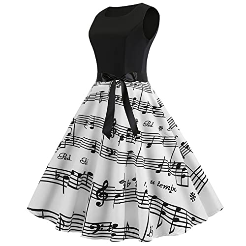 Women's Vintage Musical Note Sheet Music Print Dress 50's V Neck Sleeveless Retro Cocktail Swing Dresses with Bow-Knot (Black, XXL)