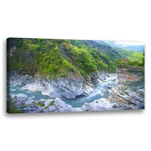 Large Framed Wall Art Ready to Hang 20' x 40' Gorge scenery of Orchid pavilion overlooking impressive Taroko Canvas Print Artwork Wall Art Painting Pictures Home Office Wall Décor Modern Poster