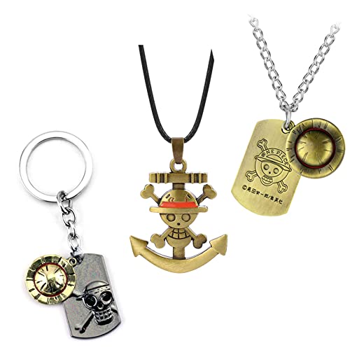 XCFS 3pcs/Set Anime One Piece Merchandise Monkey D Luffy/Anchor Mark Luffy Hat/Captain Darkluffy Skull Stainless Steel KeyChain one piece anime stuff Pendants Necklace For Man Women Fans