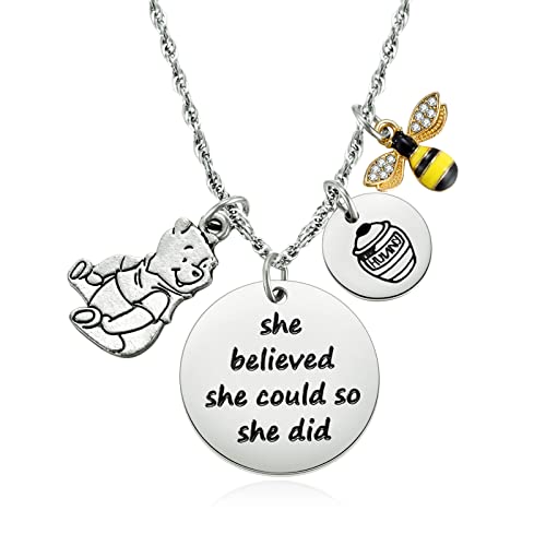 Kvekstio Inspired by Winnie The Pooh Necklace Gifts for Pooh Loving Women Girls She Believed She Could So She Did, Bee, Hunny, Pooh Bear Charm Necklace Positive Feminist Motto Jewelry