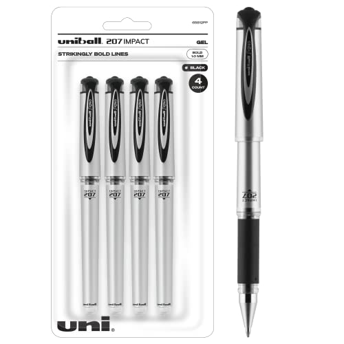 uni-ball Signo 207 Impact Stick Gel Pen, 4 Black Pens, 1.0mm Bold Point Gel Pens, Smooth Writing, Archival-Quality Ink, Acid-Free, Superior Comfort
