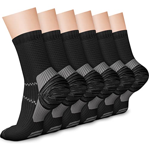 CHARMKING 6 Pairs Crew Compression Socks for Women & Men Circulation 15-20 mmHg is Best for All Day Wear Running Nurse (L/XL, Black Grey)