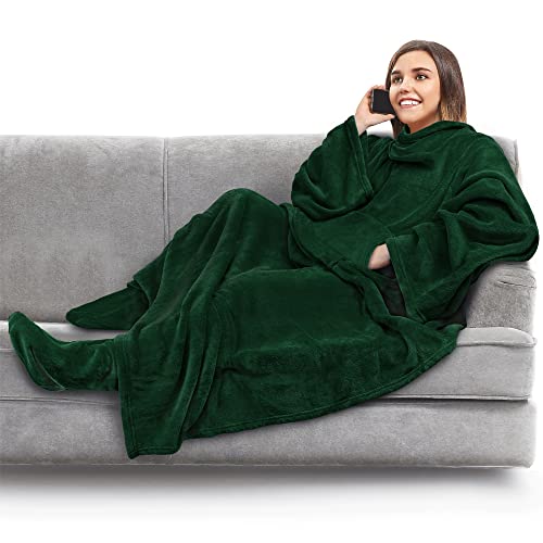 PAVILIA Fleece Blanket with Sleeves and Foot Pockets for Women Men Adults, Wearable Blanket Sleeved Throw Wrap, Plush Hug Sleep Pod Snuggle Blanket Robe, Cozy Gift Ideas Wife Mom, Dark Green