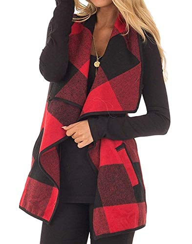 Womens Casual Lapel Open Front Plaid Vest Cardigan Coat with Pockets Sleeveless Fashion Buffalo Plaid Outerwear Vests Plus Size Vintage Fall Cardigan Vest Shacket (Red, XL)