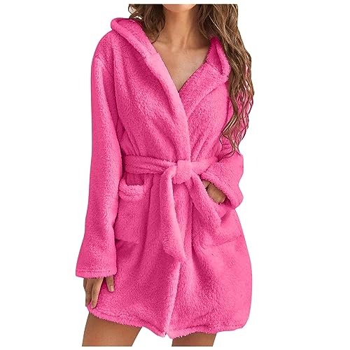 Womens Fuzzy Robe Mid Length Bathrobe Belted Soft Bath Robes Plush Kimono Robe With Pockets Fall Winter Spa Robes Cute Dresses For Women Sexy Black Satin Robes For Women Plus Size