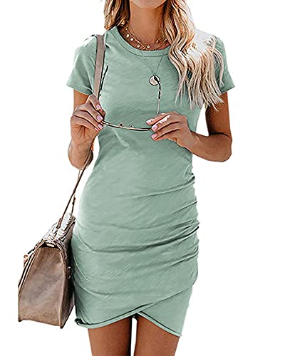 BTFBM Women's 2024 Summer Casual Beach Dresses Crew Neck Short Sleeve Wrap Party Club Mini Ruched Bodycon T Shirt Dress(Light Green, Medium)