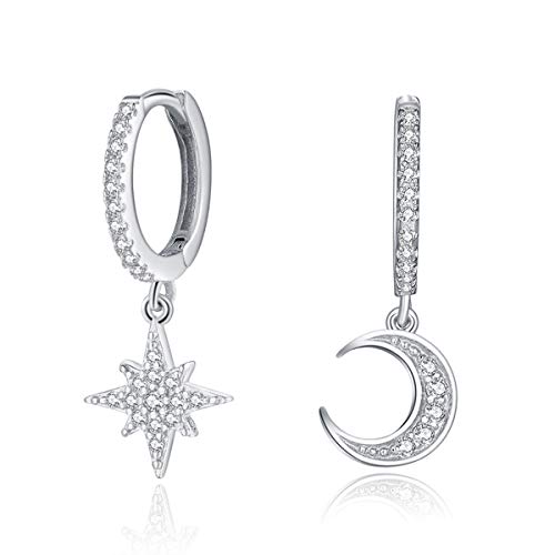 Moon Star Hoop Dangle Earrings for Women, Small Huggie Hoop Earring with Cubic Zirconia Charm for Teen Girls in Sterling Silver (Silver)