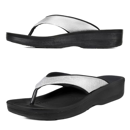 AEROTHOTIC Womens Slip On Lightweight Plantar Fasciitis Orthotic Flip Flops Comfortable Walking Outdoor Beach Ladies Arch Support Summer Thong Sandals (Matt Silver, size 10)