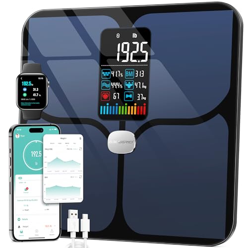 ABLEGRID Body Fat Scale,Digital Smart Bathroom Scale for Body Weight, Large LCD Display Screen, 16 Body Composition Metrics BMI, Water Weigh, Heart Rate, Baby Mode, 400lb, Rechargeable