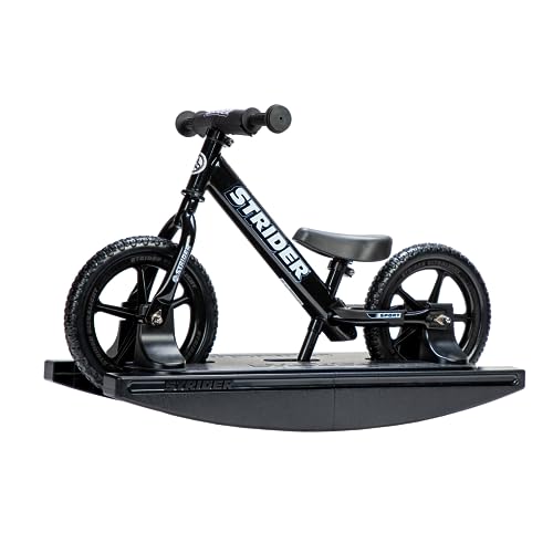 Strider 12” Sport Bike (Black) + Rocking Base - Helps Teach Baby How to Ride a Balance Bicycle - for Kids 6 Months to 5 Years - Easy Assembly & Adjustments