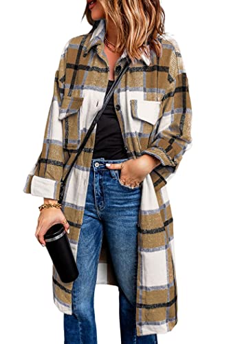 PRETTYGARDEN Women's 2023 Plaid Shacket Jacket Long Sleeve Button Down Shirts Fashion Winter Wool Coats (Khaki,Medium)