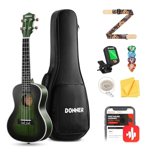 Donner Concert Ukulele Professional 23 Inch Mahogany Ukelele for Adult Beginner Ukele Bundle with Online Lesson Gig Bag Aquila String Pick Tuner Strap Cloth DUC-200G Green