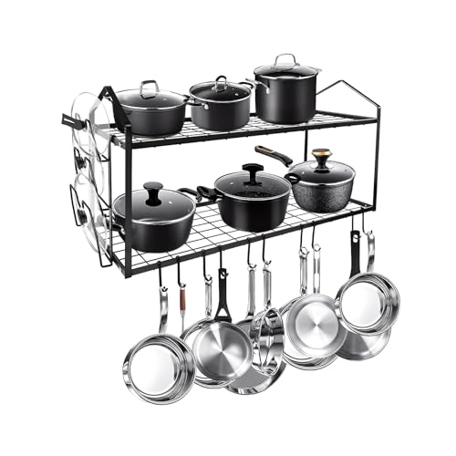 LADER 30Inch Wall Mounted Pot and Lid Rack, 2 Tiers Pots and Pans Organizer for Kitchen Organization & Storage, Large Size Black Hanging Pot rack, Wall Shelf with 5 connect Hooks, Lid Rack