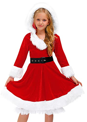 BesserBay Christmas Mrs. Santa Claus Costume Red Velvet Hoodie Dress with Belt for Big Girls 13-14 Years