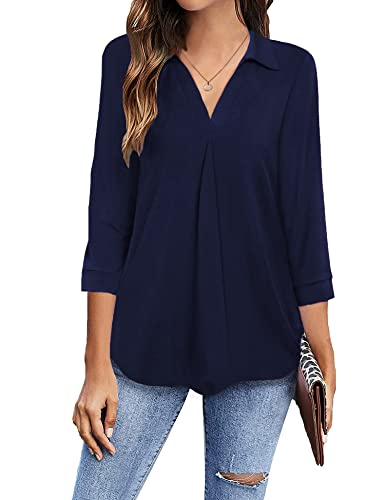 Newchoice Blouses for Women Dressy, V Neck 3/4 Sleeve Shirts Loose Business Casual Tops Trendy Work Clothes Office Attire (Navy Blue, L)