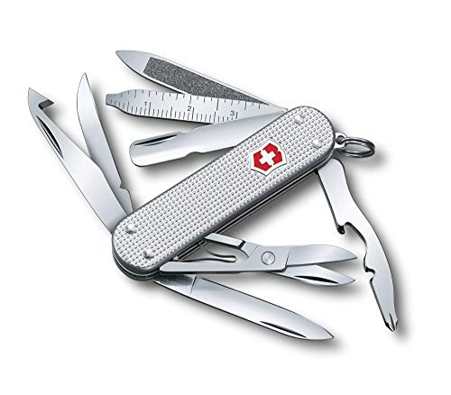 Victorinox Mini Champ Alox Swiss Army Knife, Compact 15 Function Swiss Made Pocket Knife with Orange Peeler, Cuticle Pusher and Blade – Silver