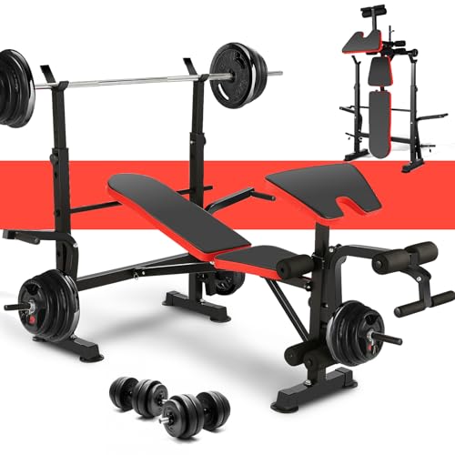 Hicient 660lbs Olympic Weight Bench Press Set with Preacher Curl & Leg Developer Multifunctional 5 in 1 Adjustable Weight Bench Set Exercise Equipment for Indoor Gym Home Full-Body Workout SXLX1 (Red)