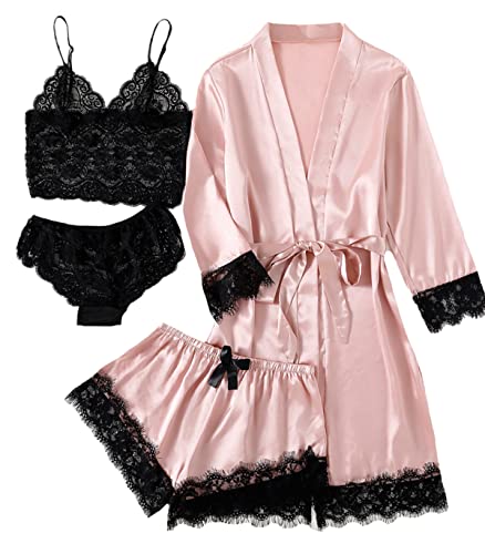 LYANER Women's 4pcs Sleepwear Satin Floral Lace Trim Cami Pajama Set with Robe Solid Pink Medium