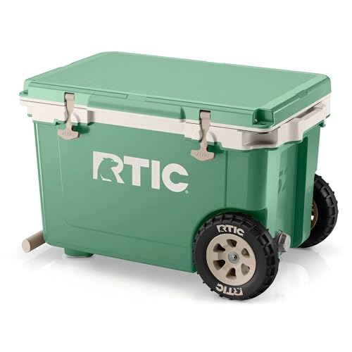 RTIC 52 Quart Ultra-Light Wheeled Hard Cooler Insulated Portable Ice Chest Box for Beach, Drink, Beverage, Camping, Picnic, Fishing, Boat, Barbecue, 30% Lighter Than Rotomolded Coolers, Sage/Beach
