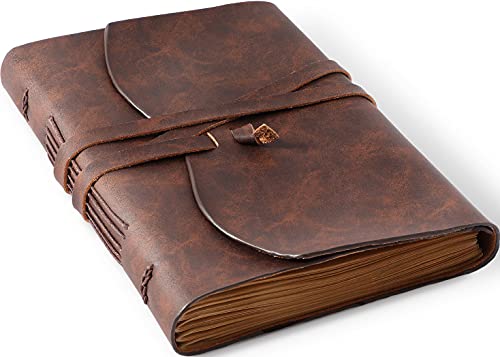 Hotcinfin Leather Bound Journal for Men/Women, Rustic Vintage Handmade Large Writing Notebook with 240 Kraft Lined Pages(6x8 inches), Business/Travel Daily Notepad Sketchbook Gift - Brown