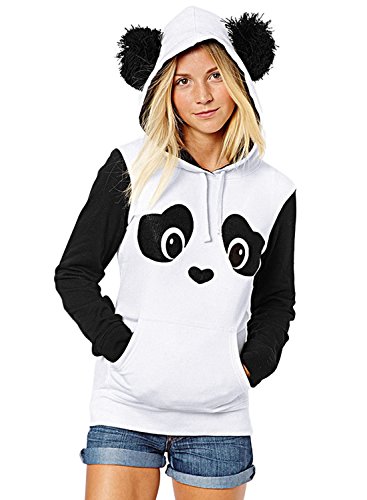 ZXZY Women Cute Cotton Blend Long Sleeve Panda Print Hoodies Pullover Tops, White, US XS