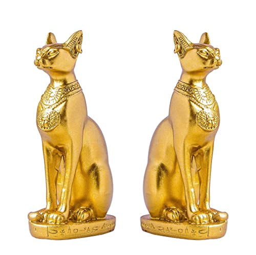 EASCHEER Egyptian Cat Goddess Bastet Statue 2PCS Collectibles Figurine Animal Statues Egyptian Décor(4.2 inches Gold)