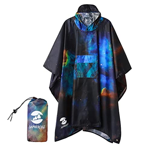 SaphiRose Hooded Rain Poncho Waterproof Raincoat Jacket for Men Women Adults(universe galaxy)