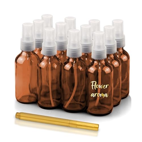 CULINAIRE 2oz Glass Spray Bottles with Gold Pen Marker, Small Fine Mist Spray Bottle, Refillable, Empty, for Hair Spray, Essential Oils, Colognes, and Hand Sanitizers, Amber, Pack of 12