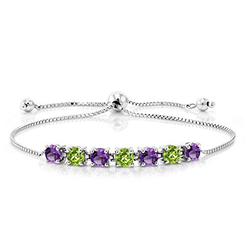Gem Stone King 925 Sterling Silver Purple Amethyst and Green Peridot Tennis Bracelet For Women (2.67 Cttw, Gemstone Birthstone, Round Cut 4.5MM, Fully Adjustable Up to 9 Inch)