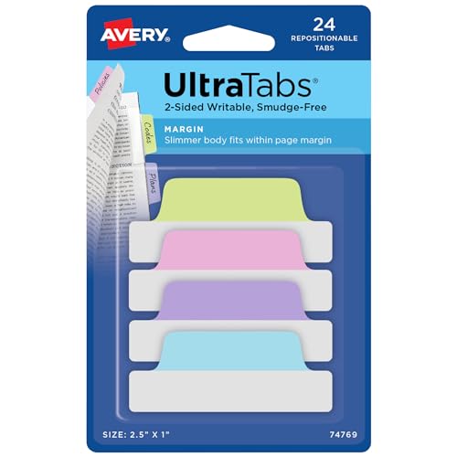 Avery Margin Ultra Tabs, 2.5' x 1', 2-Side Writable, Assorted Pastel Colors, 24 Repositionable Tabs (74769)