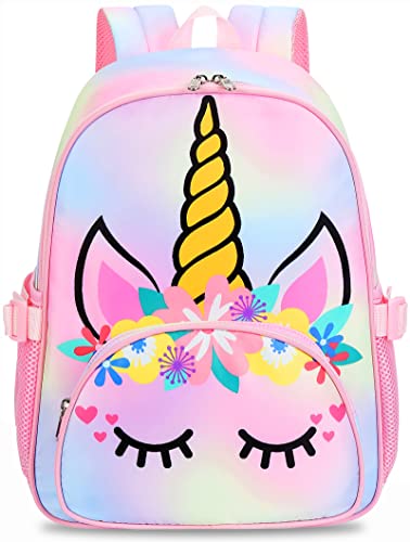 BTOOP Kids Backpack Girls School Backpack Preschool Kindergarten Unicorn Toddler BookBag with Chest Clip (Tie Dye headband)