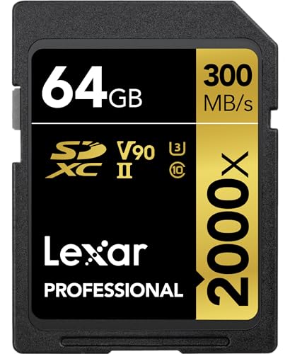 Lexar Professional 2000x 64GB SDXC UHS-II Memory Card, C10, U3, V90, Full-HD & 8K Video, Up To 300MB/s Read, for DSLR, Cinema-Quality Video Cameras (LSD2000064G-BNNNU)