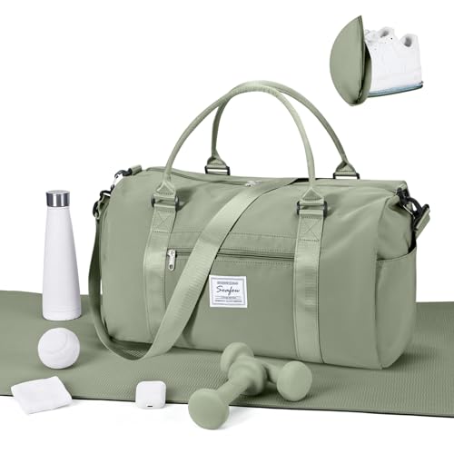 Gym Bag for Women Men with Shoes Compartment and Wet Pocket,Sport Swimming Yoga Bag,Waterproof Travel Duffel Bag Small Carry on Bag Overnight Weekender Bags Personal Item Bag for Airlines Grey Green
