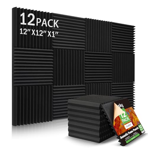 12 Pack Sound Proof Foam Panels Studio Acoustic Foam Panels,1' X 12' X 12'Soundproof Wall Panels With Self-Adhesive,Fire-Proofed Soundproofing Wedges,Acoustic Treatment Foam for Home -Black