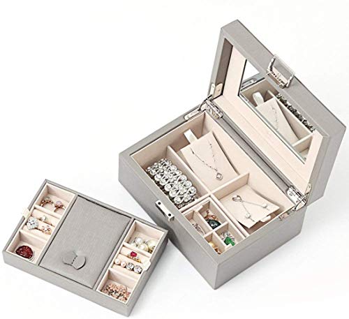 Vlando Mirrored Jewelry Box Organizer - 2-Layer Multi-compartment for Necklaces Rings Earrings Jewelries Display Storage and Organization, Gift for Women Girls Ladies, Grey
