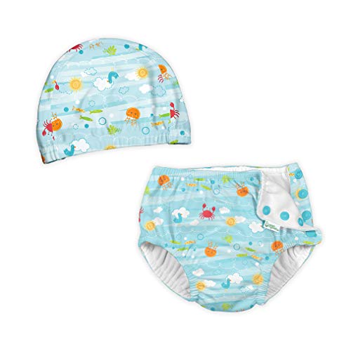 i play. by green sprouts Baby Snap Reusable Absorbent Diaper + Swim Cap Set, Light Aqua Sea Friends, 24 Months