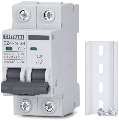 Chtaixi AC Miniature Circuit Breaker, 32 Amp 120V/240V 2 Pole DIN Rail Mount Circuit Breaker, Thermal Magnetic Trip, Solar AC Disconnect Switch MCB C32
