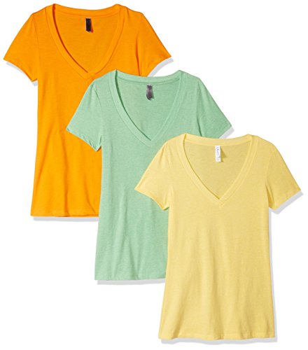 Clementine Apparel Women's Petite Plus Deep V Neck Tee (Pack of 3), Banana Yellow/Apple Green/Orange, S